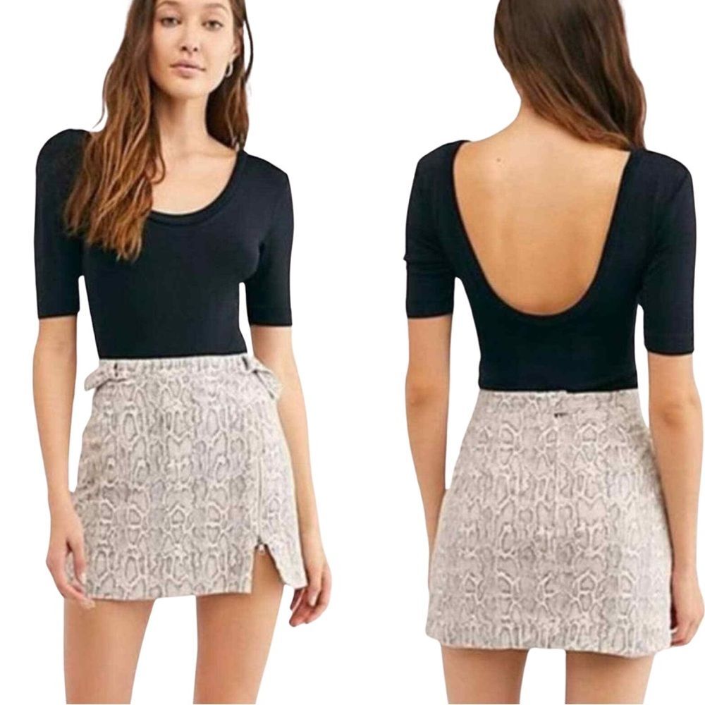 Free People Midnight Magic Mini Skirt Snake Python Print Zip Cream Grey Size 6